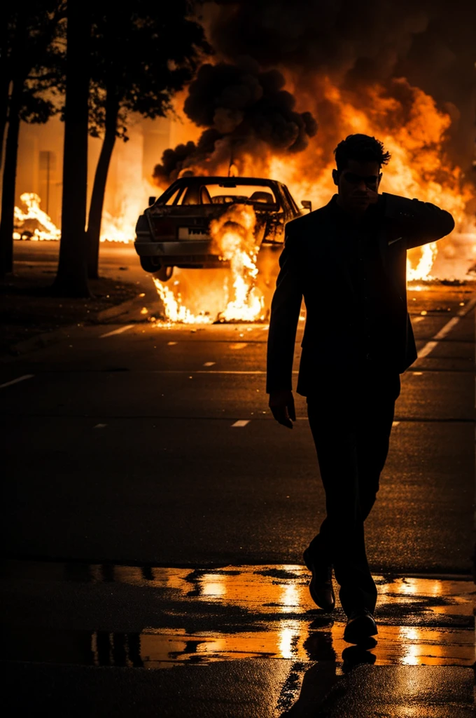 Mysterious man walking with a burning car in the background