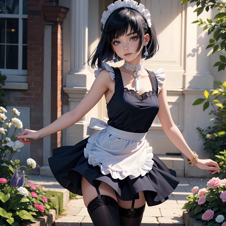 1girl, centered girl, perfectly body, perfectly hands, solo, jewelry, lavender, ornament hair, navy hair, short hair, short flowing hair, floating hair, ornament hair, perfectly body, perfectly hands, garden scenery, white flower on hair, Looking at the viewer, floating hair, Beautiful Eyes, Plump and glossy lips, maid, maid dress, maid headdress, maid apron, white apron, dress with too many frills, black dress, navy laces, black Short skirt, small skirt, skirt with layers, Drape clothes, navy gem, Lace trim, in the garden, luxury gold details, gold jewelry, more details, best quality, Big sparkling eyes, blushing, black Striped Lace Stockings, black Lolita skirt, sparkle, solo, centered girl, cowboy shot, lace garter, perfectly body, perfectly hands, two arms, two legs, two hands, five fingers, perfect anatomy, glowing hair, red roses, in garden, sparkles, more details on her clothes, dress with transparency, red details on her dress, night