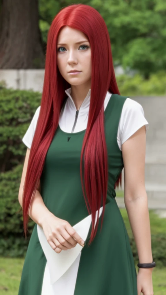 Women, 25 years old, red hair long hair, White short-sleeved blouse under the dress green dress, Appearance of Kushina Uzumaki from Naruto