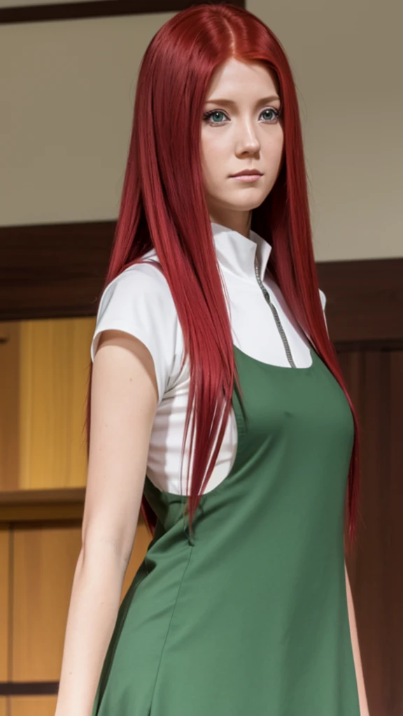 Women, 25 years old, red hair long hair, White short-sleeved blouse under the dress green dress, Appearance of Kushina Uzumaki from Naruto 