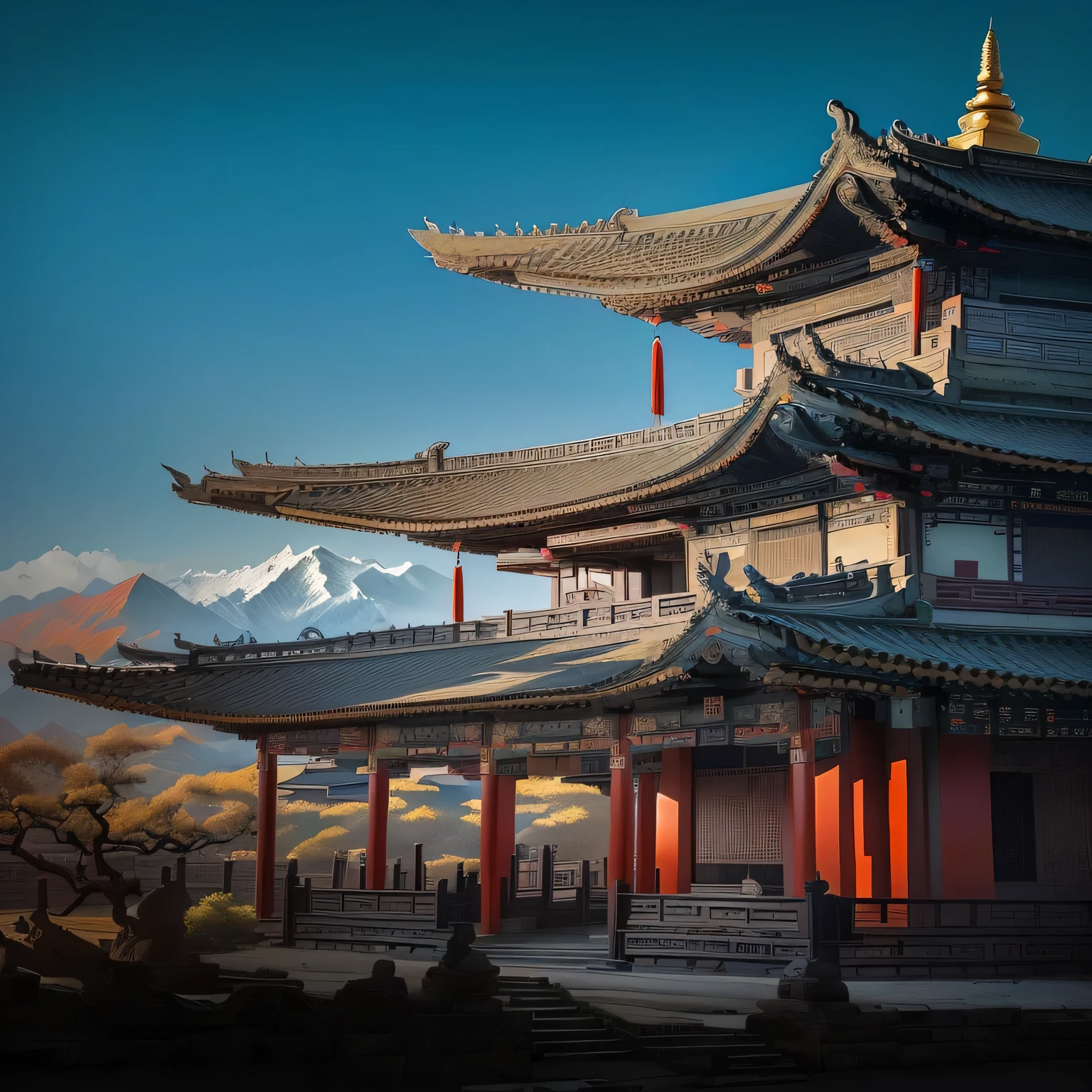 Masterpiece, Highest quality, HDR, high contrast, Arafed Pagoda with mountains in the background, ancient Chinese Architecture, Tibetan-inspired architecture, Chinese Architecture, Chinese Building, Chinese Palace, Chinese landscape, Chinese temple, Silk Road landscape in cinema, Pagoda on the hill, dream china city, with ancient Chinese aesthetics, Japanese temple, China&#39;s Dreamland, Ancient Japanese Architecture, pitched wooden roof, 