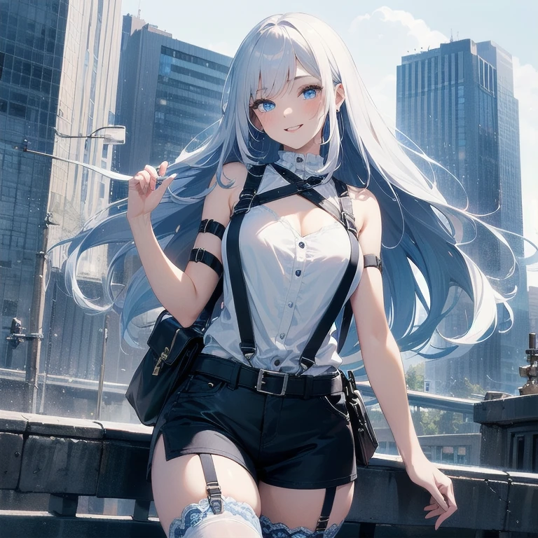(Masterpiece, Best quality, ultra high resolution), (((1 girl))), Silver hair, Pale skin, Beautiful detailed face, Detailed eyes, posing on a white background, Dynamic lighting, dynamic shadowing, looking at viewer, White street punk fashion with blue details, (Posing for a photo), ((White clothes)), (((black thigh highs))), jean shorts, skirt, white sweater, ((Blue eyes)), happy, smiling, black straps, black strap design, ((Long white hair)), energetic, cheerful, cityscape background, (garter), blue tertiary color, blue highlights, purse, hand bag, ((chest harness fashion)), ((more blue on clothes))