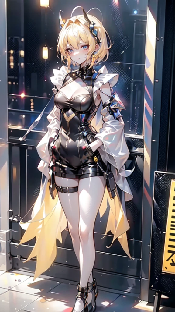 1 girl, short yellow hair, cyberpunk, Alice in Wonderland, black high heels, hand in pocket, best quality, 4k, 8k, highres, masterpiece:1.2, ultra-detailed, realistic, photorealistic, photo-realistic:1.37, HDR, UHD, studio lighting, ultra-fine painting, sharp focus, physically-based rendering, extreme detail description, professional, vivid colors, bokeh, concept art
