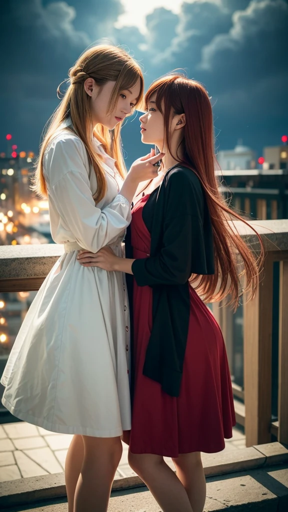 (Natural strawberry blonde and redhead girls with pretty faces), Cute pose, wearing a button dress, Atmospheric, Dark atmosphere, Edge lighting, Sayaka Yamamoto, Saito Asuka, Mao Akiyama's facial features, 8K, Full 体 portrait, Elegant outfit, Natural light, Spooky greenhouse at night, Sharp focus, (Detailed eyes and face:1.5, Professional photography techniques), (Beautiful small face, beautiful girl, high school student, Idol Face, Baby Face:1.4), smile, Happy, K UHD, Beautiful and soft skin, Vibrant Skin, blush, (Chirarizum:1.3, Unbutton the dress:1.5), ((Beautiful breasts:1.3, Cleavage)), (Small beautiful butt), (Detailed hands:1.2, The optimal ratio is four fingers to one thumb), Perfect proportions, (Perfect Anatomy:1.3), (Highest quality, Masterpiece, Highest quality, Ultra high definition, Photorealism:1.4), ((Kiss on the lips:1.4)), (Beautiful hair blowing in the wind:1.4)