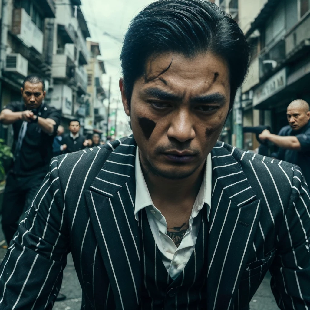 close up picture, 40 year old yakuza boss, his hair is combed back, wearing a white undershirt, wearing a black jacket with white stripes, he is looking down limply and desperate, his face has wounds from fighting with the enemy, he is in the middle of a siege of his enemies, the background is on a small street on the outskirts of the city, cinematic, realistic, very detailed, 4k, intricate design