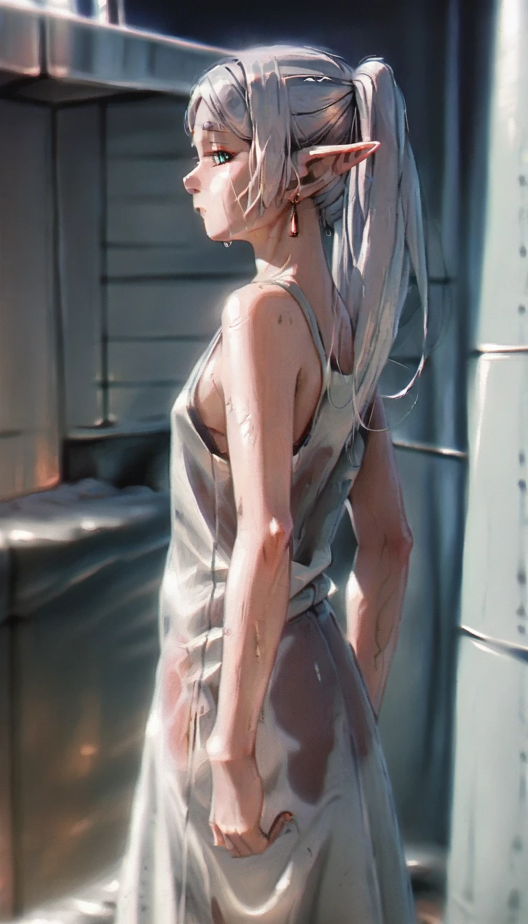 score_9, score_8_up, score_7_up, source_anime, solo, elf, white hair, grey hair, earrings, pointy ears, long hair, ponytail, green eyes, twintails, parted bangs, thick eyebrows, neon trim, lights, laboratory, factory, from side, from behind, dynamic angle, holding clothes, laundry machine, clothes on floor, clothes, tank top, wet clothes, low key, depth of field,frieren