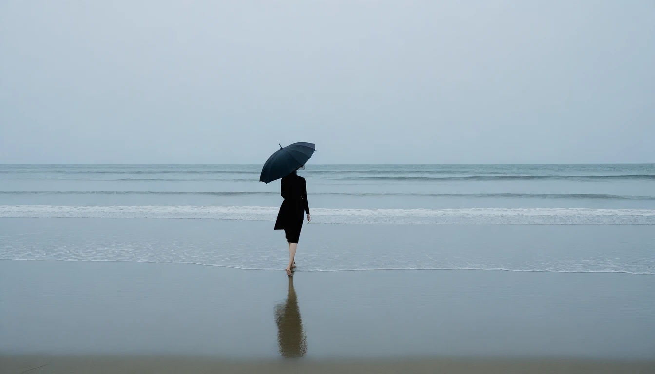 8K, Vivid picture quality, desolate long beach, A short-haired woman walking from afar, 안개낀 ocean, alone, afternoon, depressed, tide가 밀려온다, ocean, tide, black umbrella , wind, short korean woman, 잔잔한 tide, bare foot