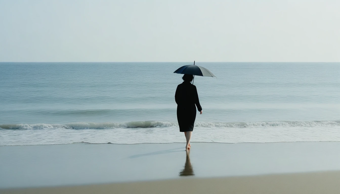 8K, Vivid picture quality, desolate long beach, A short-haired woman walking from afar, 안개낀 ocean, alone, afternoon, depressed, tide가 밀려온다, ocean, tide, black umbrella , wind, short korean woman, 잔잔한 tide, bare foot