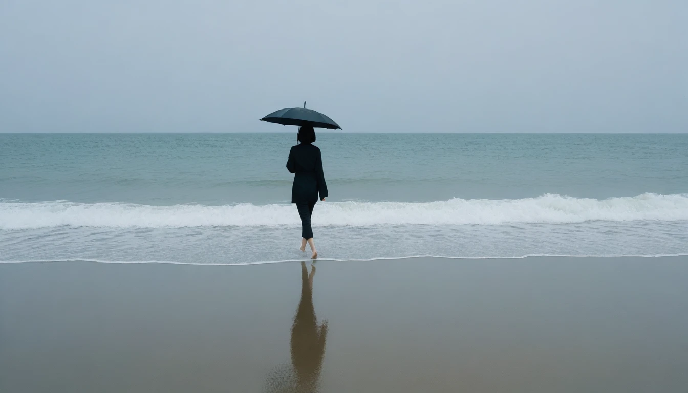 8K, Vivid picture quality, desolate long beach, A short-haired woman walking from afar, 안개낀 ocean, alone, afternoon, depressed, tide가 밀려온다, ocean, tide, black umbrella , wind, short korean woman, 잔잔한 tide, bare foot