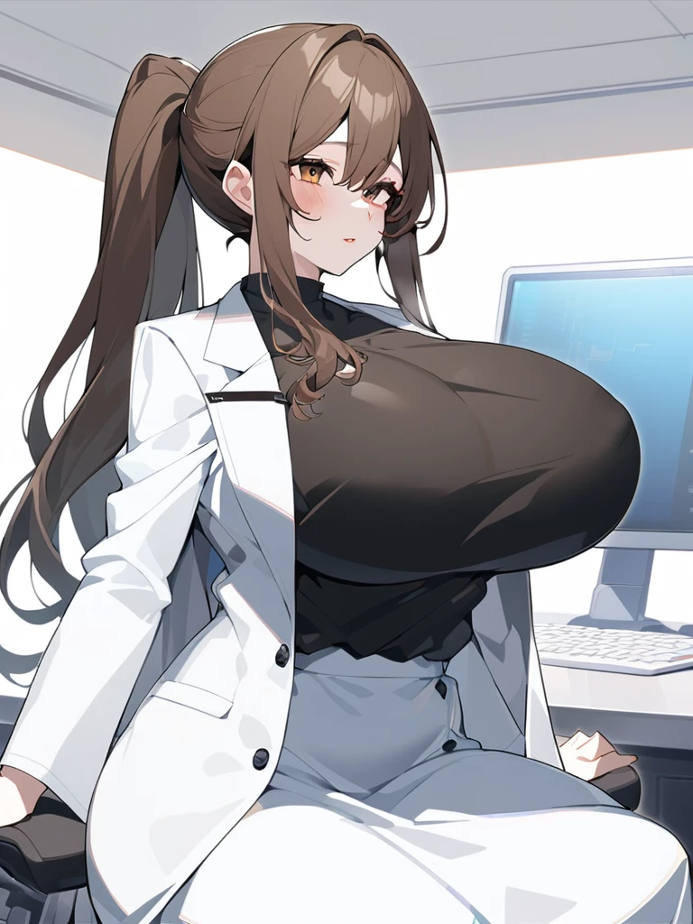 Highest quality、extremely detailed CG、One woman、27-year-old female、Huge breasts:1.3、sagging breast:1.3、White、white coat、white gown、Black inner shirt、Black inner shirtと白いコートを着てカメラに向かってポーズをとるアニメの女の子, (SFW) Safe at Work, breasts covered and SFW, (doctor), chic,Whiteを着て, Cel-shaded adult animation、Brown Hair、ponytail