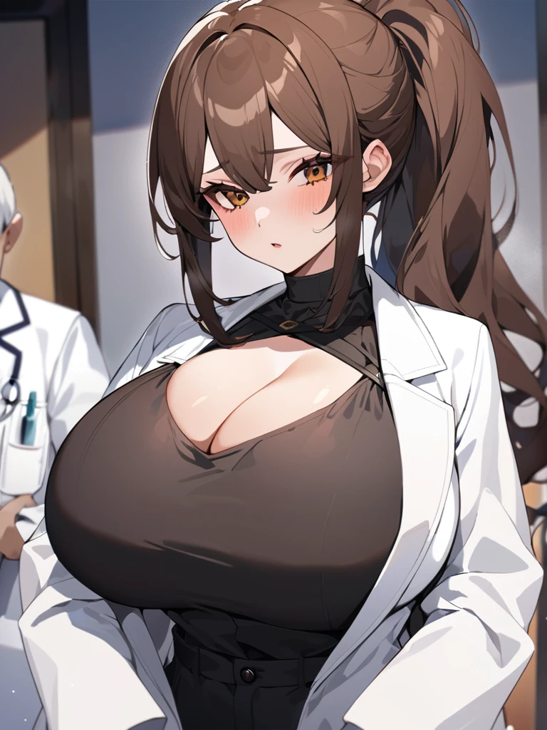 Highest quality、extremely detailed CG、One woman、27-year-old female、Huge breasts:1.3、sagging breast:1.3、White、white coat、white gown、Black inner shirt、Black inner shirtと白いコートを着てカメラに向かってポーズをとるアニメの女の子, (SFW) Safe at Work, breasts covered and SFW, (doctor), chic,Whiteを着て, Cel-shaded adult animation、Brown Hair、ponytail