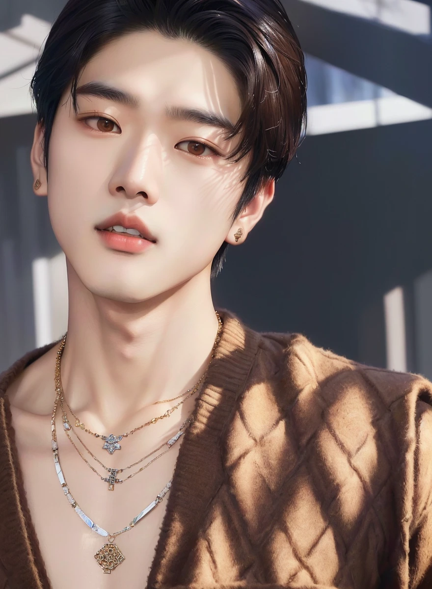 Araffe Asian man wearing a brown sweater and a necklace., Jung Jaehyun, cai xukun, inspired by Zhang Han, hyung tae, daoshi, inspired by Bian Shoumin, jinyoung shin, Yan, Yanjun chengt, kim doyoung, who is siwoo, ruan jia beautiful!, Inspired by Huang Gongwang, kousuke oono, jia