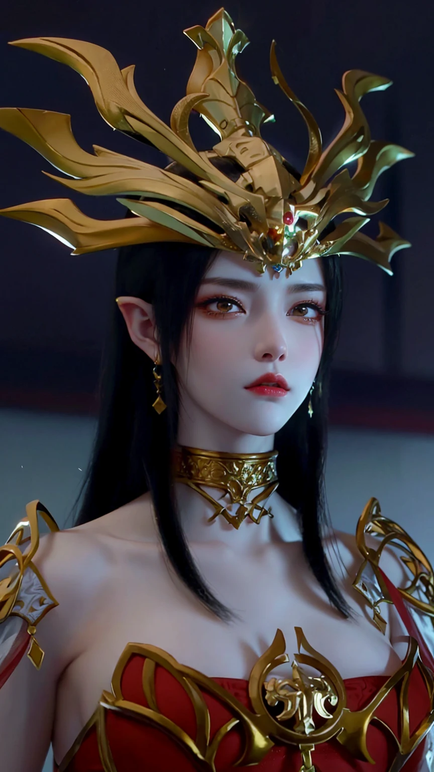 Close-up of a woman in a red dress and gold jewelry,Royal Sister,Superb beauty,a queen,Beautiful and elegant queen, portrait of a queen, Xianxia, a beautiful fantasy empress, xianxia fantasy, Beautiful young wind spirit, inspired by Li Mei-shu, ((a beautiful fantasy empress)), xianxia hero, 3 d anime realistic, full-body xianxia, Smooth anime CG art, pregnant