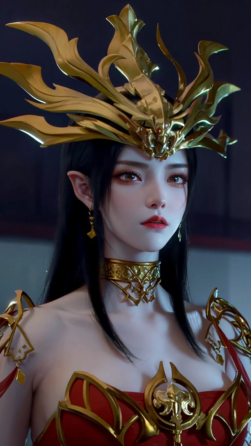Close-up of a woman in a red dress and gold jewelry，Royal Sister，Superb beauty，a queen，Beautiful and elegant queen, portrait of a queen,  Xianxia, a beautiful fantasy empress, xianxia fantasy, Beautiful young wind spirit, inspired by Li Mei-shu, ((a beautiful fantasy empress)), xianxia hero, 3 d anime realistic, full-body xianxia, Smooth anime CG art, pregnant 