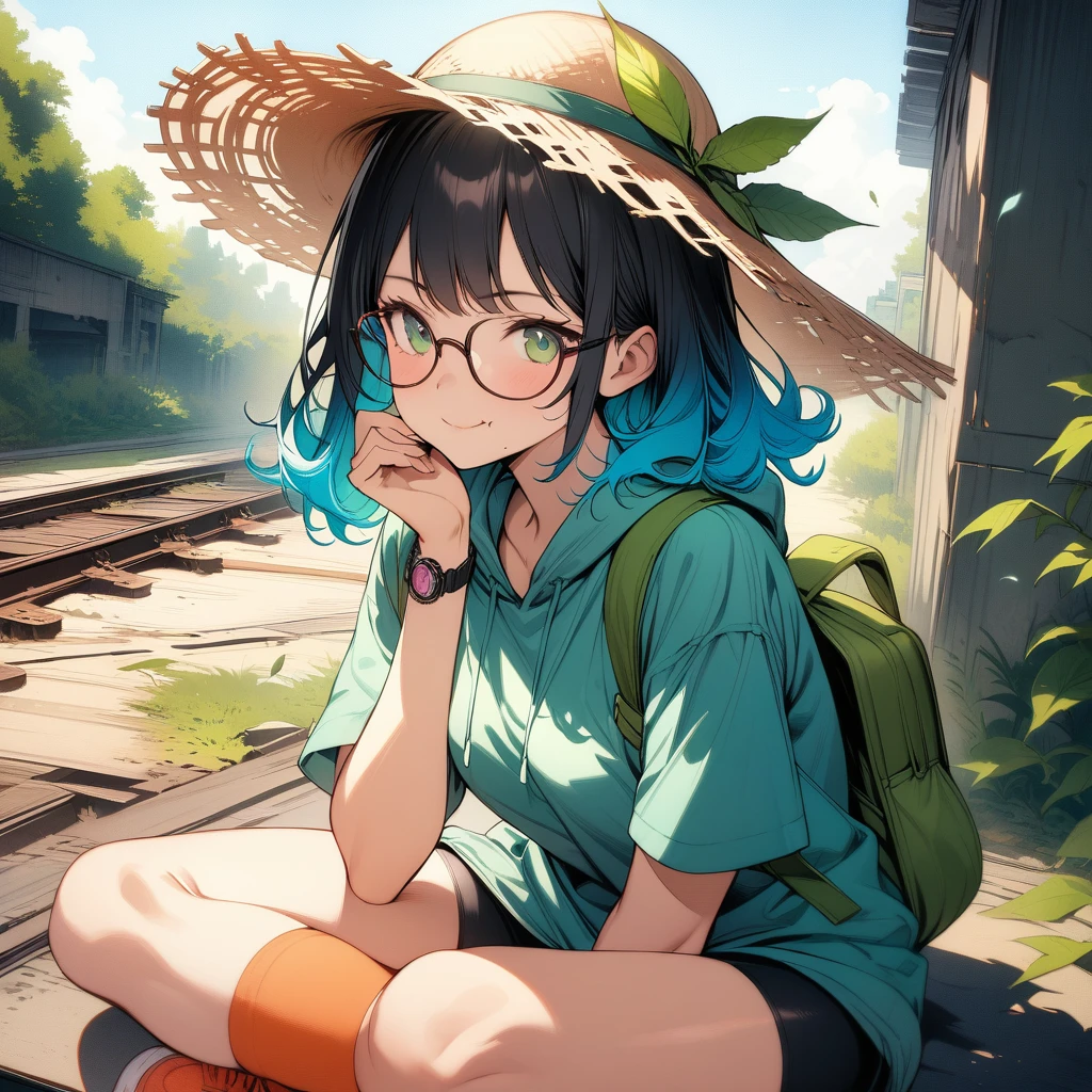 (masterpiece),(best quality),very aesthetic,(ultra-detailed),(super-fine illustration),vibrant colors,high saturation,nsfw,1girl,25yo,slender,tall,medium hair,black hair,natural wave hair,flipped hair,dark green eyes,comfortable,smirk,glasses,(straw hat with leaf color ribbon),glasses,carrying a aqua blue rucksack, (thigh-high parka dress with gradient earth color,black bike shorts),short sleeves,Sneaker Shoes,short orange socks,wristwatch,countryscape,sitting indian style,(eating baked-mocho),summer,Abandoned station platform,cowboy shot,looking away