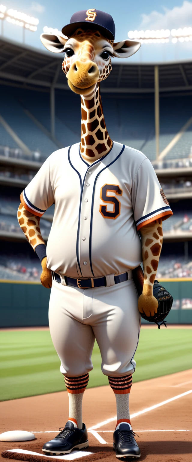 photorealistic portrait of Dressed animals - a ((fat)) giraffe Baseball player,(holing bat:1.5),(happy smile),(hand on hip), high quality,(lovely) ,intricate details, highly detailed (baseball uniform )),baseball cap, Cleat shoes, (happy), natural lighting, baseball stadium background,(full body image:2.0),(looking at viewer:1.5),score_9, score_8_up, score_7_up, score_6_up, score_5_up, score_4_up,
