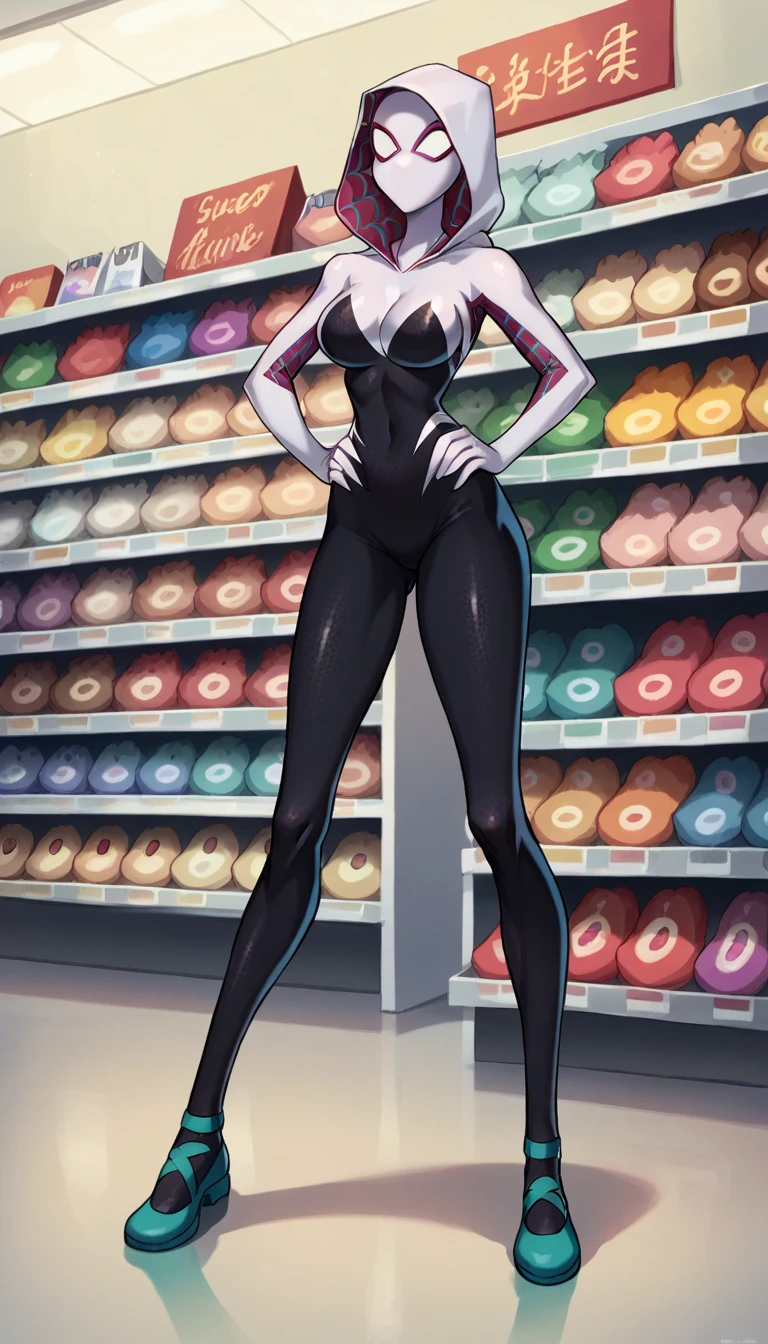 Spider Gwen , 1 woman, mask , abdomen , big breasts , Long legs , Put your hands on your hips..... , canvas shoes , convenience store