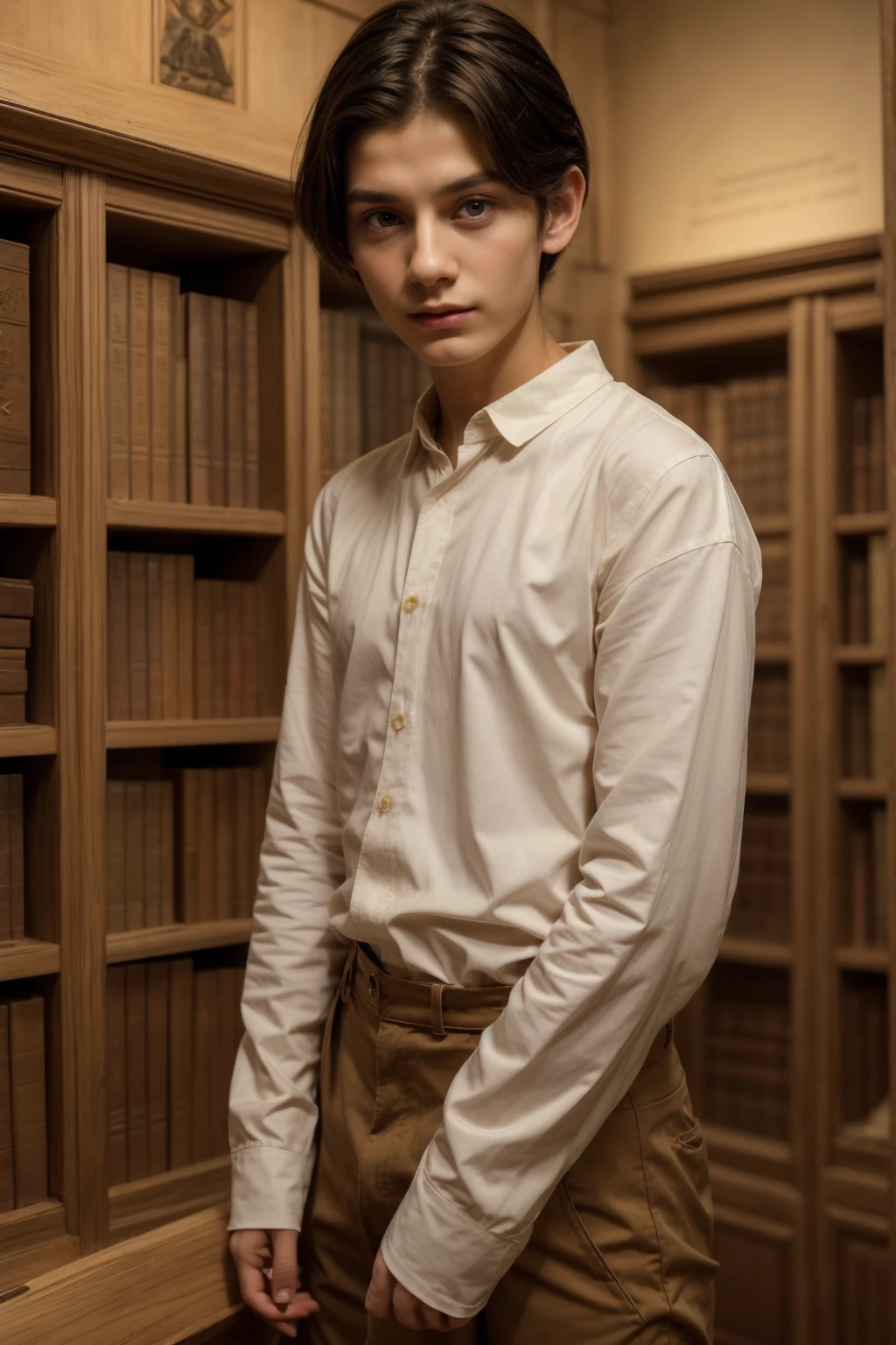 A cute, beautiful twink male with black hair and a face with makeup. He is wearing a white long-sleeved shirt and brown pants. He is in the Antiquities Museum, the golden historical books, and he looks in amazement.