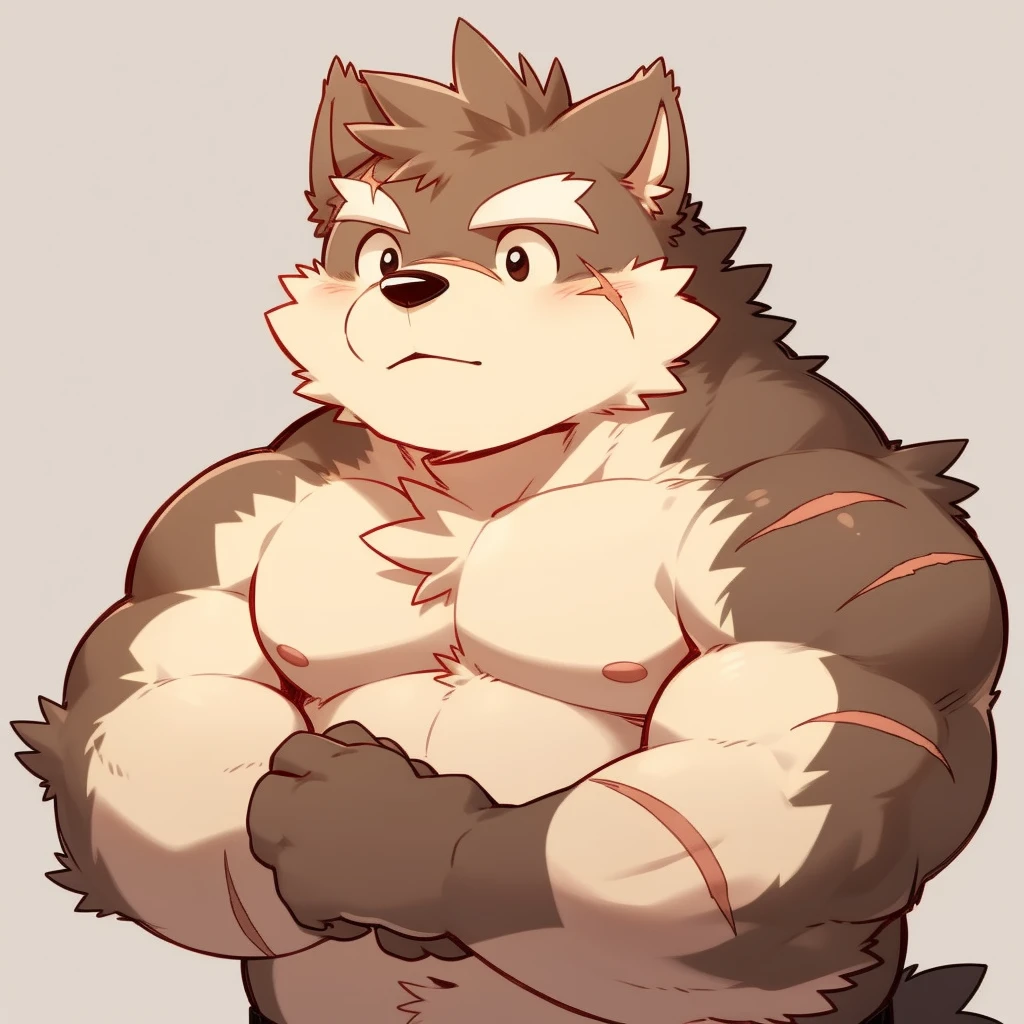 Scribble 黑色柴dog face,Cute face,Humanity(dog),(Topless:1.3),Chubby,(White eyebrows:1.1),(Perfect black eyes),（artist:Takemoto Arashi），Simple background，scar，light pink nipples。