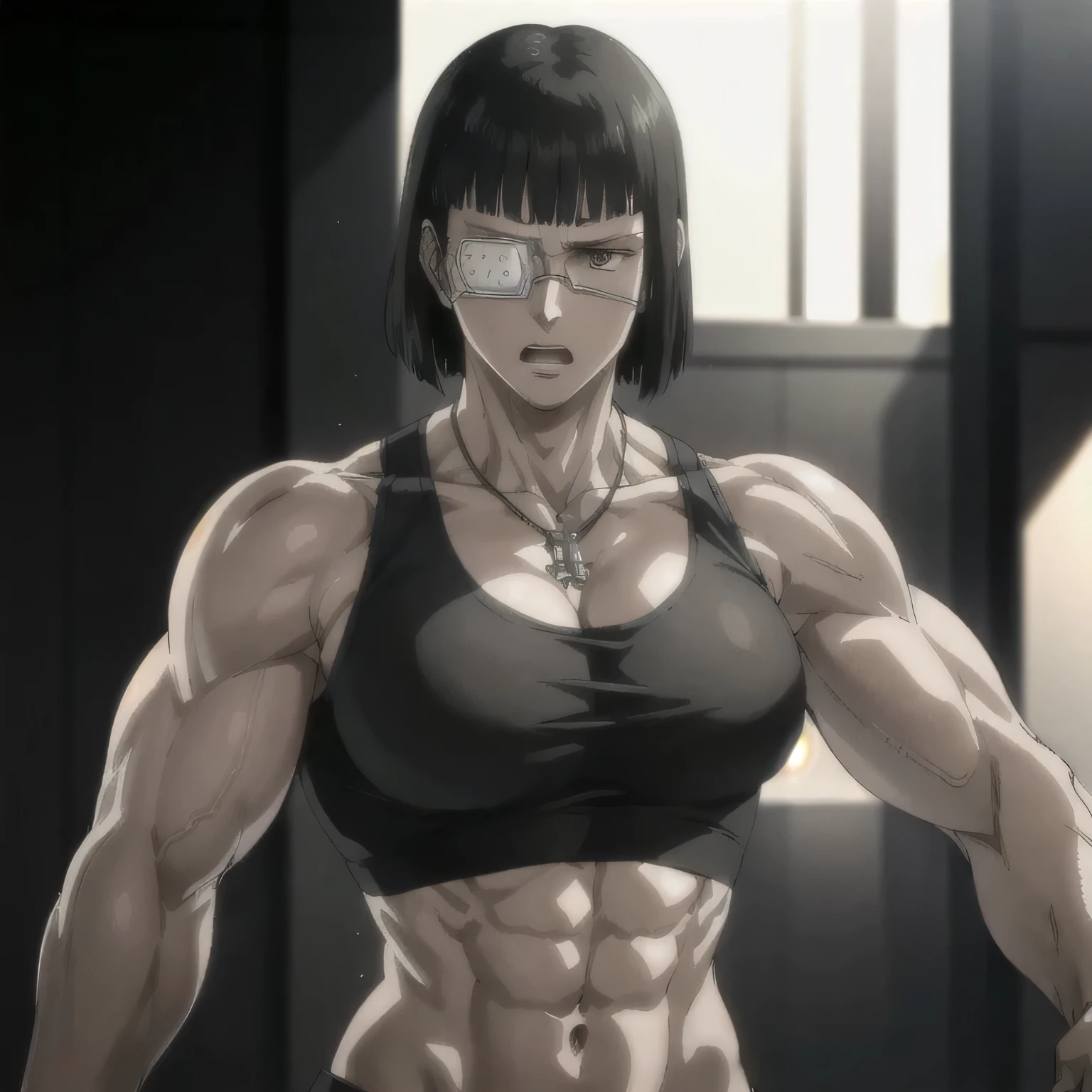 best quality,ultra-detailed,realistic:1.37),musclaur badass girl with sculpted body with preview her musclaur body and six-pack, full review of the female character's face and body, intense expression, strong and confident posture, studio lighting, vivid colors, physiologically-based rendering, grungy texture, rugged background, dust particles in the air, commanding presence, professional, powerful, gritty aesthetics,,Valmet،short hair,necklace,Light reflection on shoulders,clean muscles،wearing gray underwear and gray gym tank top,tattoos on shoulders،workouts( girl solo),eyepatch,Shining muscles,eyes detailing,fat free body,veins in muscles,penis growth inside underwear, raining,rainy
