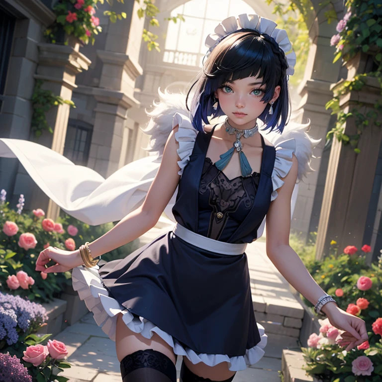 1girl, centered girl, perfectly body, perfectly hands, solo, jewelry, lavender, ornament hair, navy hair, short hair, short flowing hair, floating hair, ornament hair, perfectly body, perfectly hands, garden scenery, white flower on hair, Looking at the viewer, floating hair, Beautiful Eyes, Plump and glossy lips, maid, maid dress, maid headdress, maid apron, white apron, dress with too many frills, black dress, navy laces, black Short skirt, small skirt, skirt with layers, Drape clothes, navy gem, Lace trim, in the garden, luxury gold details, gold jewelry, more details, best quality, Big sparkling eyes, blushing, black Striped Lace Stockings, black Lolita skirt, sparkle, solo, centered girl, cowboy shot, lace garter, perfectly body, perfectly hands, two arms, two legs, two hands, five fingers, perfect anatomy, glowing hair, red roses, in garden, sparkles, more details on her clothes, dress with transparency, red details on her dress, night