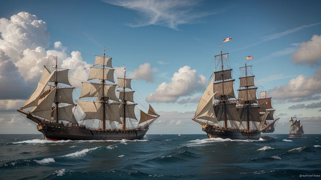 A fleet of old Dutch ships sailing on the open sea 1700s