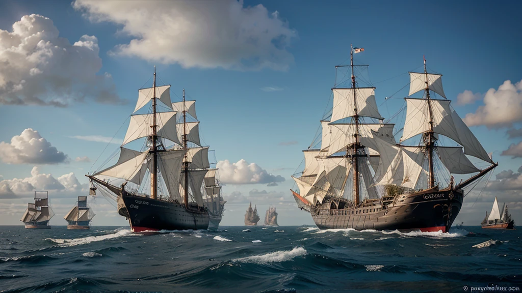 A fleet of old Dutch ships sailing on the open sea 1700s