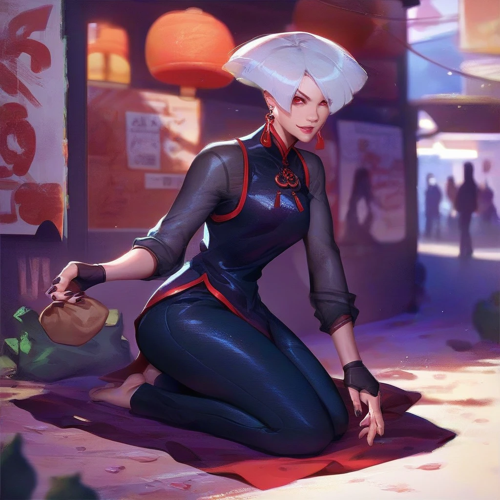 score_9,score_8_up,score_7_up,score_6_up, source_cartoon,
woman, aki,white hair,red eyes,red lips,earrings,black chinese clothes,see-through long sleeves,pants,fingernail gloves, looking at viewer, serious, smiling, kneeling, on ground, holding small bag, market, street, night time, dark,
