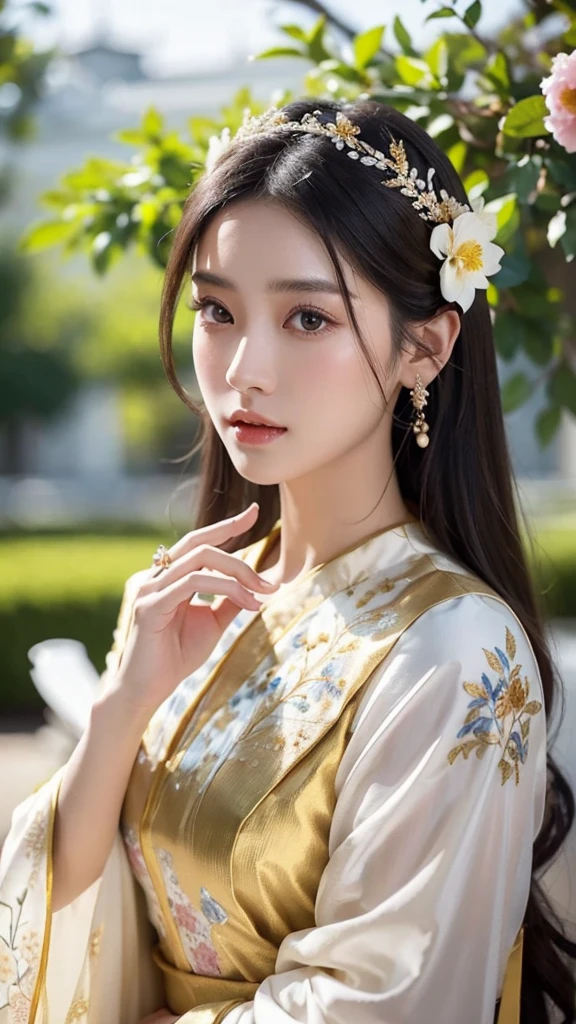 The image depicts a beautifully detailed, digitally rendered character that appears to be inspired by traditional East Asian aesthetics. The character is a young woman with long, dark hair adorned with intricate hairpieces featuring flowers and delicate ornaments. She is wearing a elegant, light-colored outfit with elaborate embroidery and designs, including floral motifs and flowing patterns. The background is softly blurred, suggesting an outdoor setting with architectural elements that hint at a historical or fantasy theme. The overall impression is one of grace, elegance, and serene beauty.
