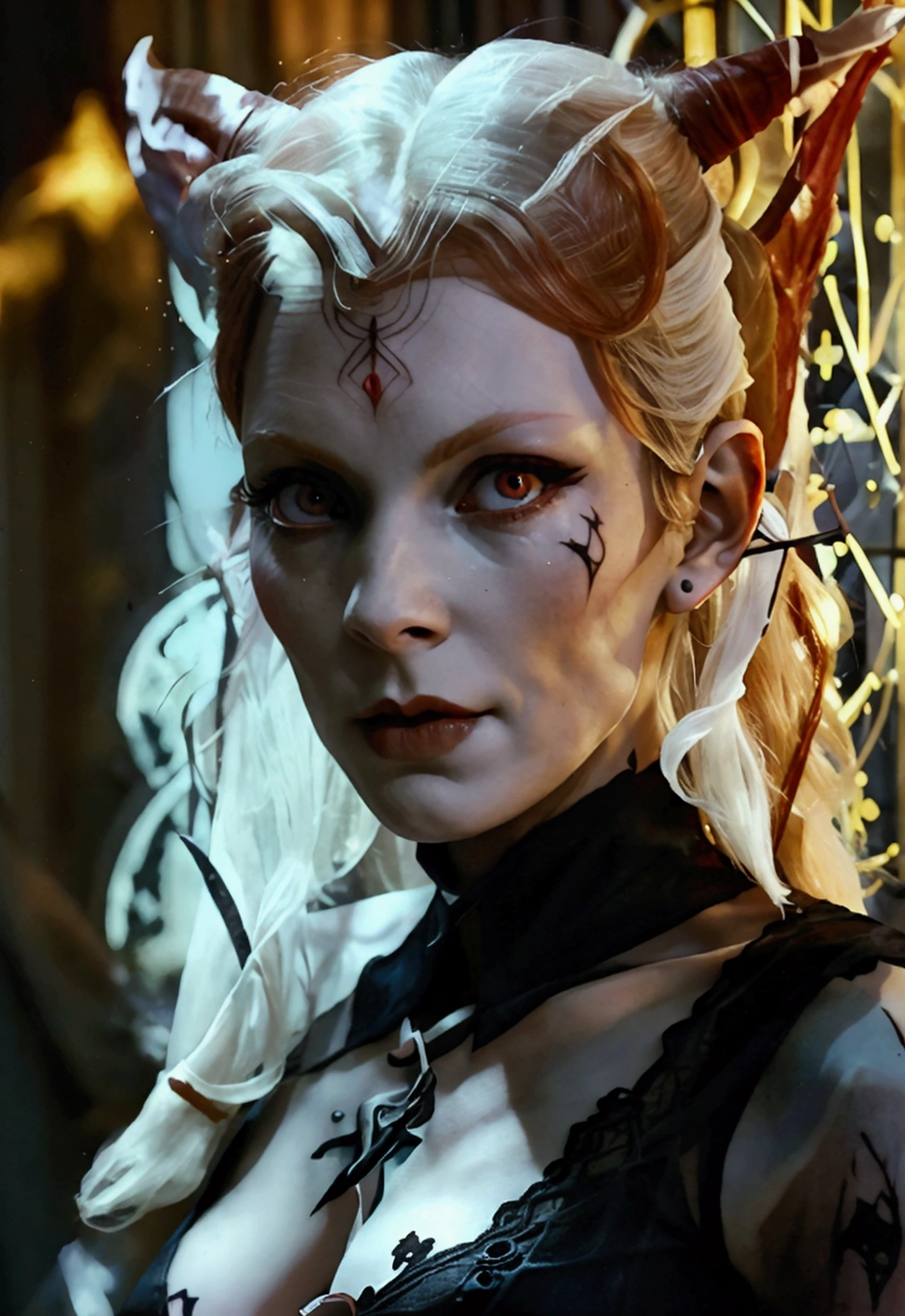 A dark elf (Beverly Crusher, age 30), pale white skin, large pointy ears, blood red eyes, large evil tattoos, sheer black lingerie, posing sultry in her summoning chamber, entire body, (best quality,4k,8k,highres,masterpiece:1.2),ultra-detailed,(realistic,photorealistic,photo-realistic:1.37),dark fantasy, chiaroscuro lighting, moody atmosphere, intricate details, dramatic lighting, cinematic composition
