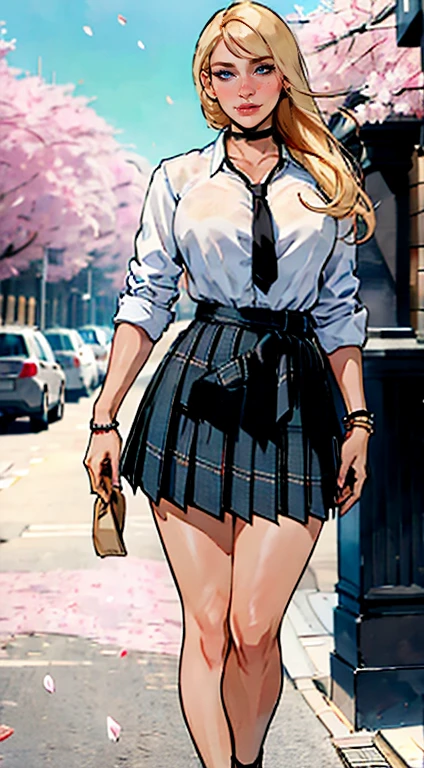ch3rryg1g, masterpiece, best quality, full body, 1girl, bangs, black choker, black necktie, blonde hair, blue skirt, blush, bracelet, breasts, choker, clothes around waist, collarbone, collared shirt, cowboy shot, dress shirt, ear piercing, eyebrows visible through hair, gradient hair, grin, gyaru, jewelry, kogal, long hair, looking at viewer, loose necktie, necktie, piercing, plaid, plaid skirt, pleated skirt, red eyes, ring, , shirt, skirt, smile, solo, white shirt, street, sky, cherry blossoms, petals,illustration, fashionable, woman, vibrant, outfit, posing, confident, expression, attention-grabbing, fashion,