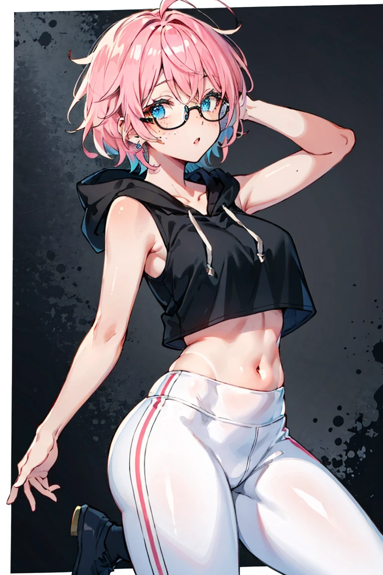 short beautiful women, chubby, plus size, tan skin, blue eyes, freckles all over body, short pixie cut hair, messy hair, pink hair, big round glasses, (shiny tan skin), solo, rating:questionable, cute pose, crop top hoodie, yoga pants, comfy, relaxed,