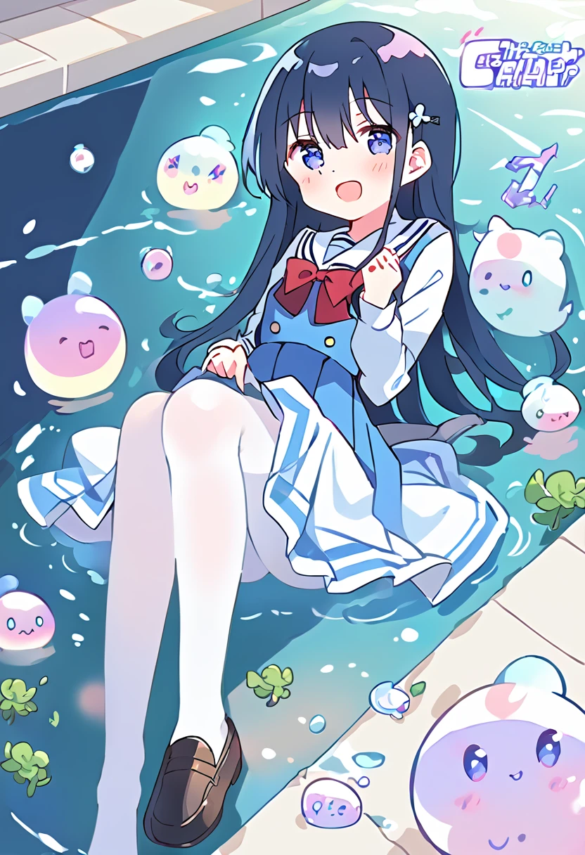 score_9, score_8_up, score_7_up, source_アニメ, masterpiece, 1girl, work, school uniform, blue dress, sailor dress, pinafore dress, white sailor collar,white shirt, red bowtie, long sleeves, flat chest, white pantyhose, loafers, White socks、cowboy shot, looking at viewer, indoors, open mouth, shiny hair, smile, Open your mouth, cuteポーズ, (Completely flooded)、Immersed in water、Transparent pool, Water Play, 、Skirt fully open、Long wide skirt、cute、blush、Watery eye、Lots of water、Wet、((The skirt spreads over the water surface.))、(Drowning)、