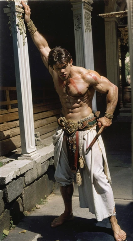 Lawrence Alma-Tadema style, solo god male in ancient temple, torso with 6 arms, muscular body, muscular pecs, (God of War), (sword and fire in hands), broad shoulders, bright, fullbody, (bloody body pierced by arrows), red eyed, masculine white-blue cloth, white sunlight rays, with plants beautiful, face turned away, (torso with 6 arms), ((1 head, 6 arms)), european caucasian cute normal, poster epic positive style, super detailed, masterpiece, hq, 4k, high detalisation, sexual, transparent, frontal view, bent over bending over stoop, correct anatomy, (zentangle, mandala, tangle, entangle:0.6, tarot card style)