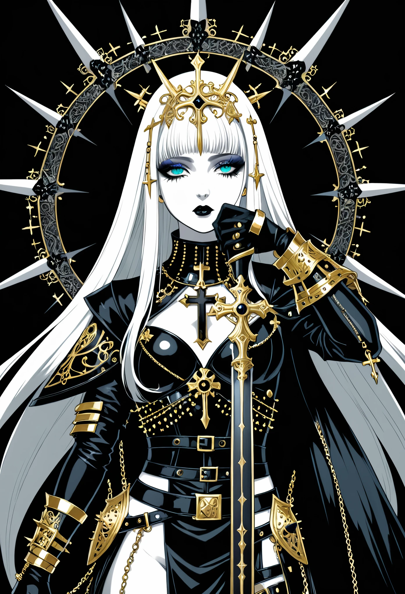 Illustrator, anime , Realistic ,sketch , 1 person, model, Age 25, lip, Sexy and revealing black and gold sheer priest mini dress(Holy Gun), order, Blue gradient background, Neon Hair, Big Breasts, Her cleavage is visible, look back, Upper Body, Sexy look, Texture Trim, Russia, (masterpiece,Highest quality)