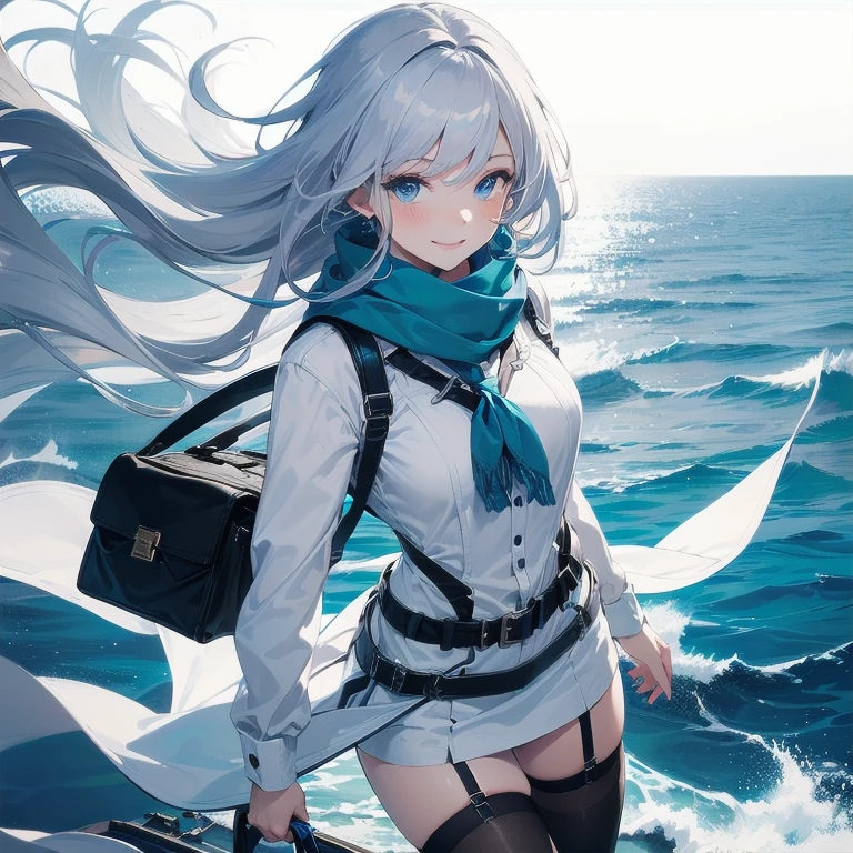 (Masterpiece, Best quality, ultra high resolution), (((1 girl))), Silver hair, Pale skin, Beautiful detailed face, Detailed eyes, posing on a white background, Dynamic lighting, dynamic shadowing, looking at viewer, White street punk fashion with blue details, (Posing for a photo), ((White clothes)), (((black thigh highs))), jean shorts, skirt, white sweater, ((Blue eyes)), happy, smiling, black straps, black strap design, ((Long white hair)), energetic, cheerful, cityscape background, (garter), blue tertiary color, blue highlights, purse, hand bag, ((chest harness fashion)), ((more blue on clothes)), ((Deep blue ocean scarf)), scarf