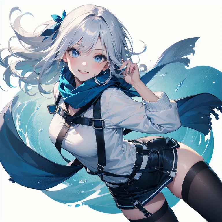 (Masterpiece, Best quality, ultra high resolution), (((1 girl))), Silver hair, Pale skin, Beautiful detailed face, Detailed eyes, posing on a white background, Dynamic lighting, dynamic shadowing, looking at viewer, White street punk fashion with blue details, (Posing for a photo), ((White clothes)), (((black thigh highs))), jean shorts, skirt, white sweater, ((Blue eyes)), happy, smiling, black straps, black strap design, ((Long white hair)), energetic, cheerful, cityscape background, (garter), blue tertiary color, blue highlights, purse, hand bag, ((chest harness fashion)), ((more blue on clothes)), ((Deep blue ocean scarf)), scarf
