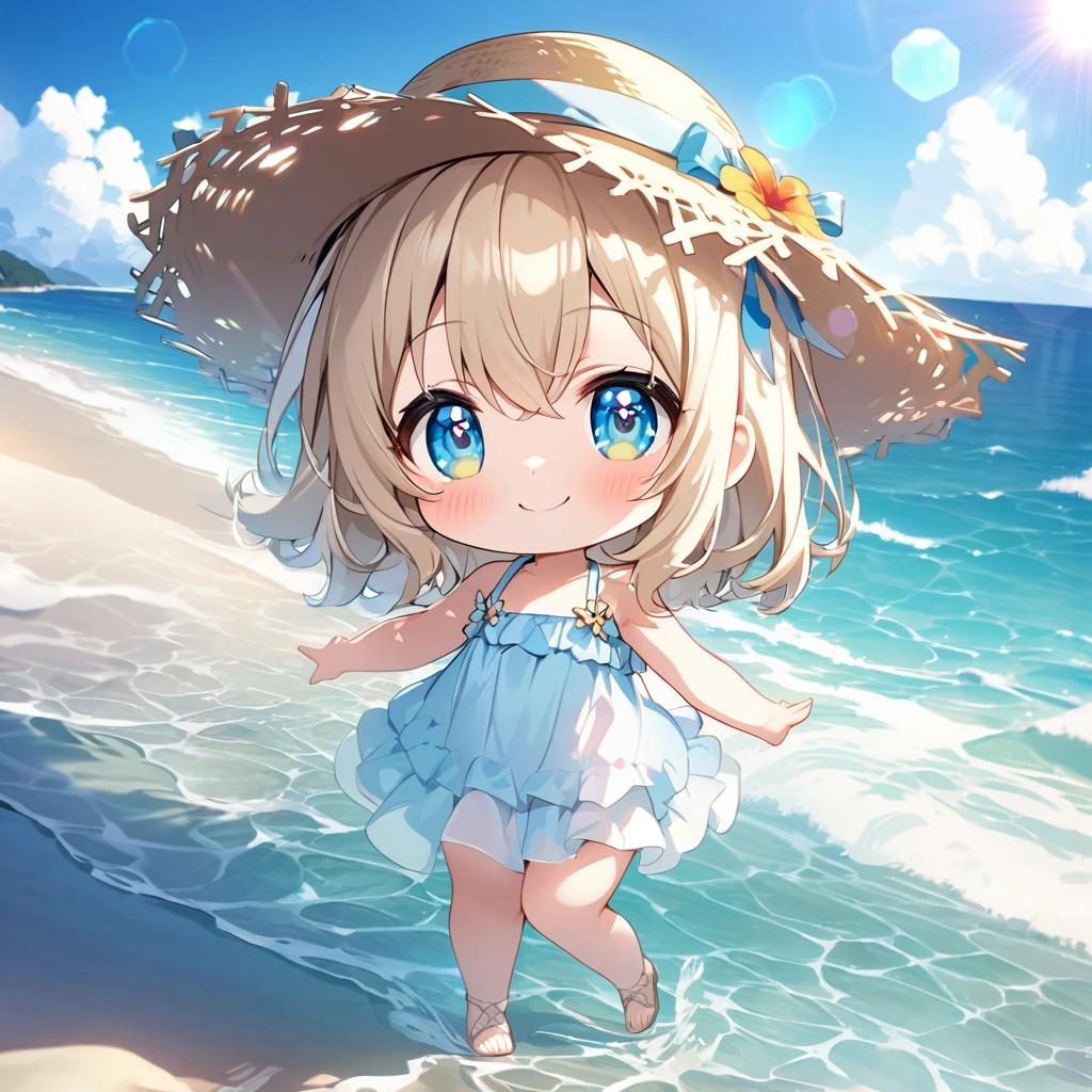 masterpiece, best quality, 4k、((high color saturation)), 2D illustration、one beautiful girl、solo、(((chibi style)))、((vivid colors))、cute chibi、lovely chibi、((white summer dress))、((straw hat))、((colorful))、long beautiful hair, glossy blonde hair, hair between eyes, cute、beautifully detailed eyes、((happy smile))、summer beach、((full body shot))、((calm sea))、((blue sky))、sunbeam、((lens flare))、