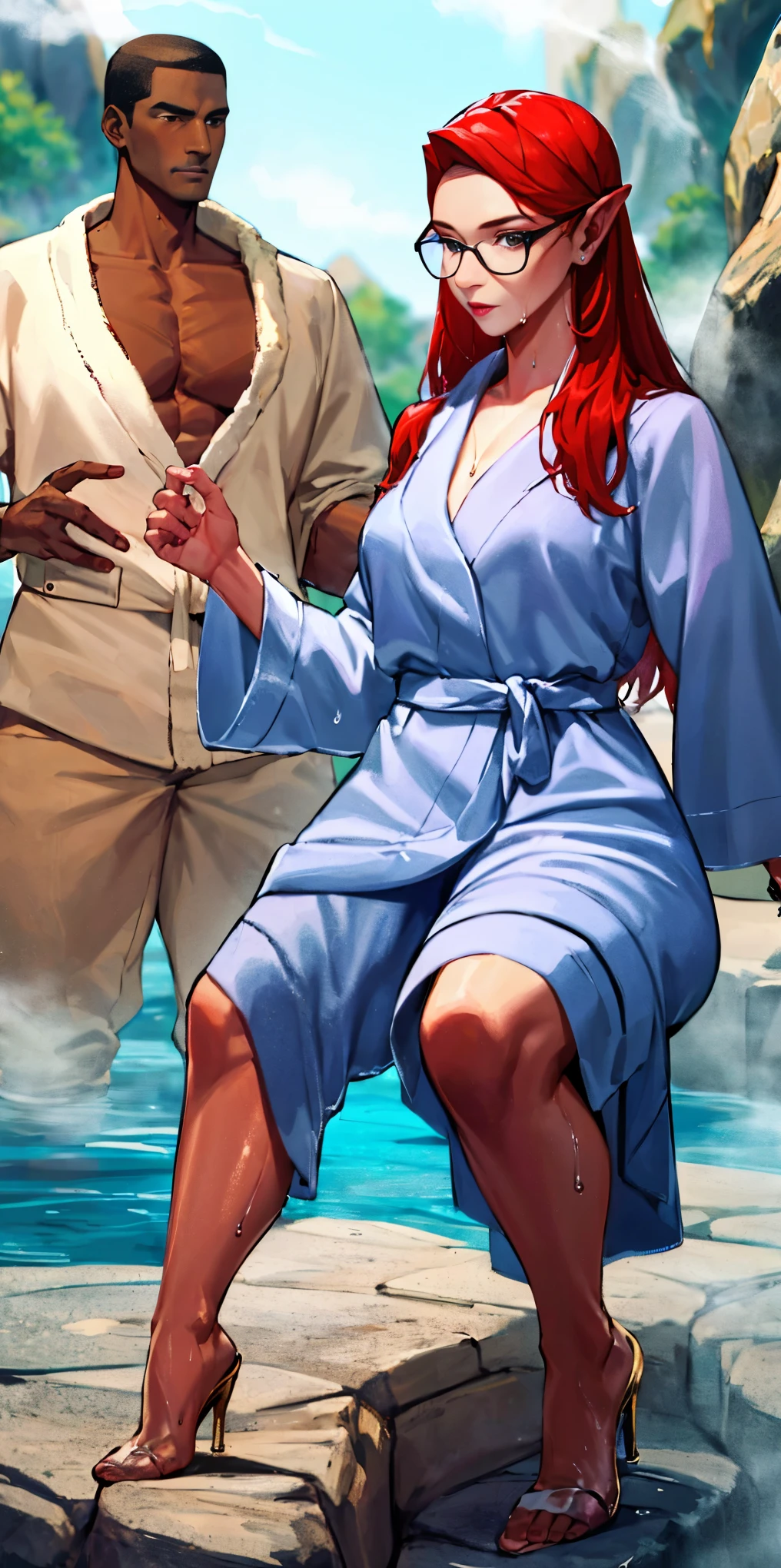 ((best quality)) ((highly detailed)) (detailed eyes, deep eyes) (1girl) (glasses) (masterpiece, absurdres, extremely detailed face, beautiful face) (female with dark skin) straight-on, on one knee, gerudo, long hair, red hair, big nose, medium breasts, purple lips, lipstick, gold jewelry, cyan clothes, gold high heels, outside, at a hot spring, pool (((steam))) rocks (partially submerged) (wading) (wet) naked bathrobe, long sleeves, wet hair, afternoon