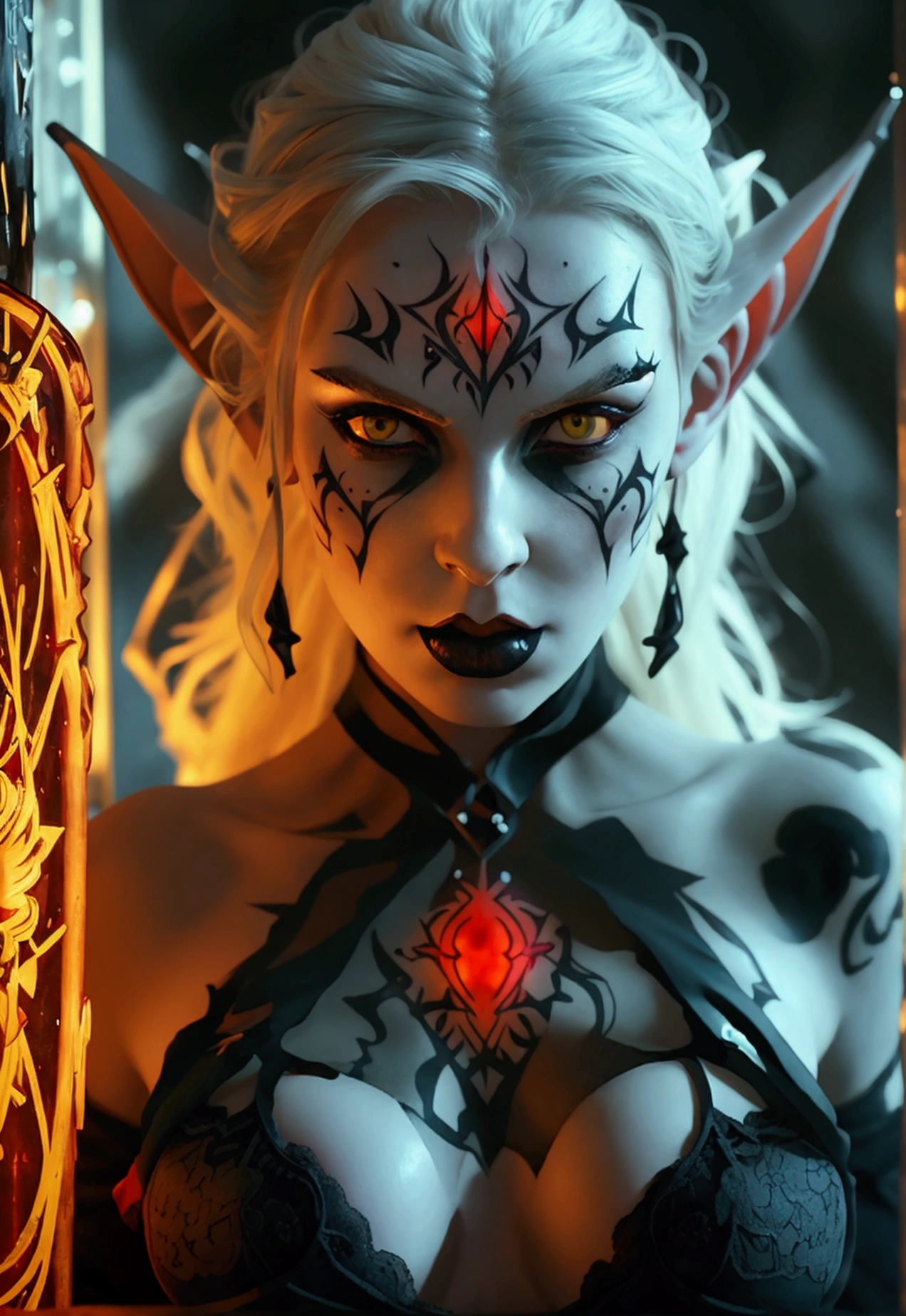 A dark elf (cute woman, pale white skin, large pointy ears, blood red eyes, large evil tattoos, sheer black lingerie), she is studying the glyphs in her summoning chamber, show all of her