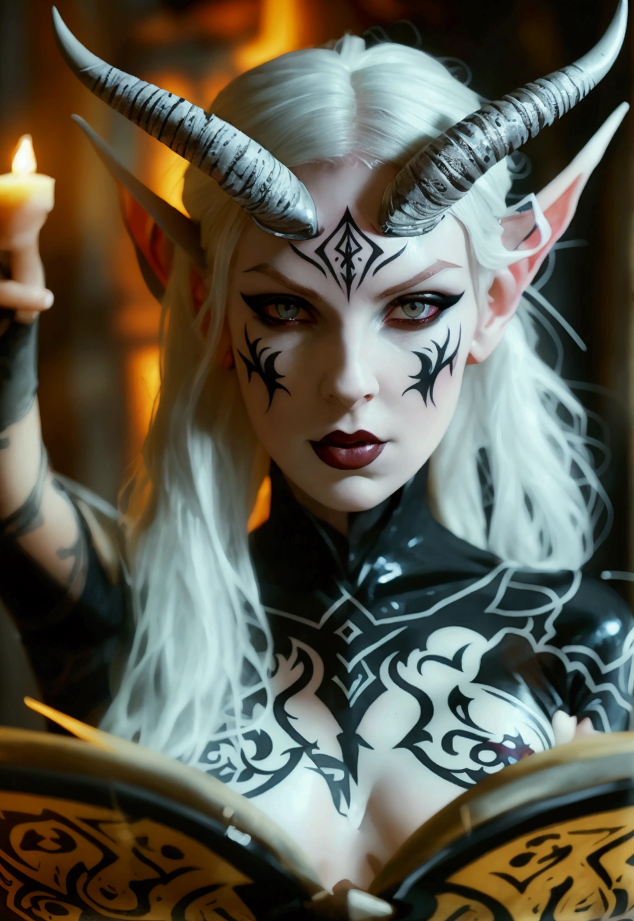 A dark elf (cute woman, pale white skin, large pointy ears, blood red eyes, large evil tattoos, sheer black lingerie), she is studying the glyphs in her summoning chamber, show all of her
