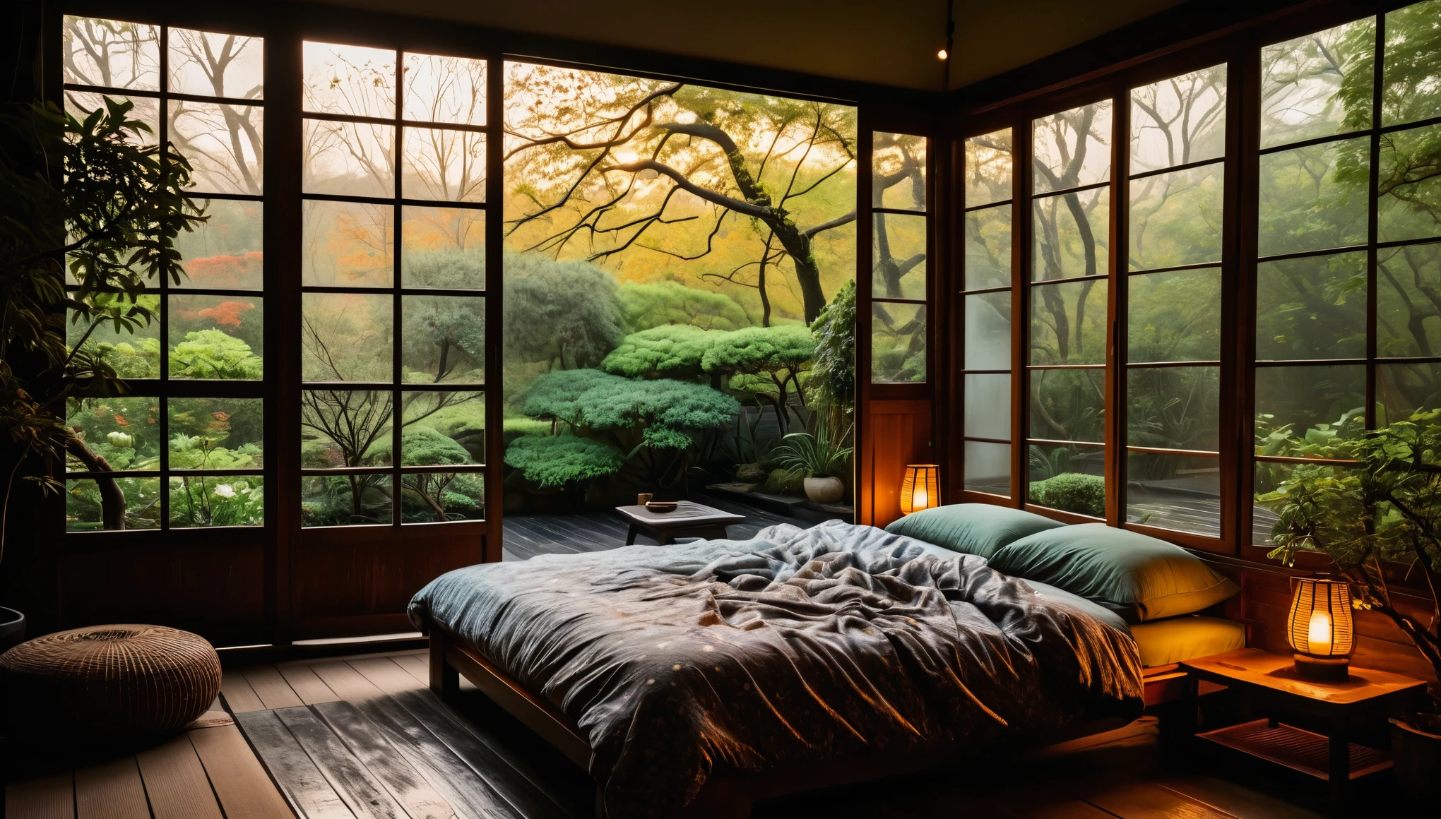 The picture shows a cozy bedroom with large windows offering views of the beautiful, dimly lit garden AND FLOWER-soaked gardens. CINEMATIC, gloomy, cloudy atmosphere outside JAPANESE HOUSE, This room has tatami floors, shoji doors and minimalist wooden furniture. . The bed was unmade with crumpled sheets, indicating only sleep in peace. looks dim, gloomy. Beside the bed there is a small table with a classic lamp burning which radiates warm light into the room. Outside the window, lush green plants can be seen on the terrace or balcony area, rain is falling, the lamp on the left provides warm lighting, creating a calm and peaceful atmosphere. with mist partially obscuring the landscape in the distance. The contrast between the warmth indoors and the rain outdoors creates an inviting and calming atmosphere