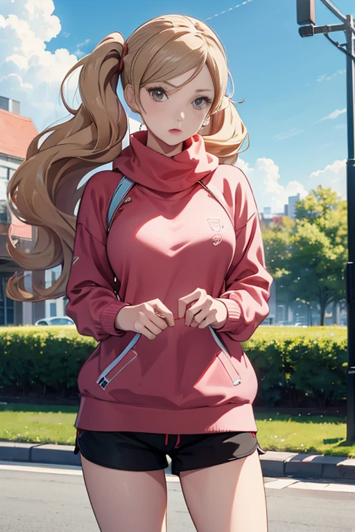 (((masterpiece))), HD 4k res image, no blur, Ann Takamaki, innocent, outdoor, wearing oversized Sweaters and shorts
,