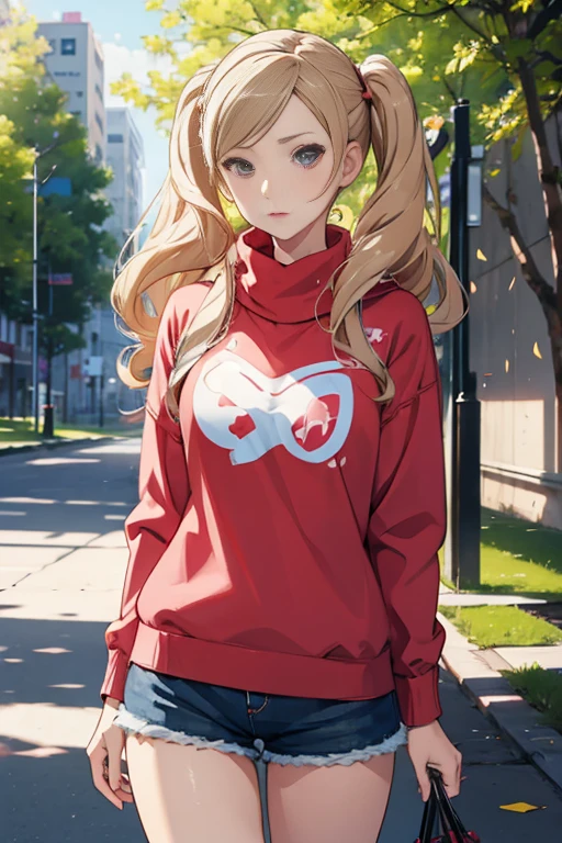 (((masterpiece))), HD 4k res image, no blur, Ann Takamaki, innocent, outdoor, wearing oversized Sweaters and shorts
,