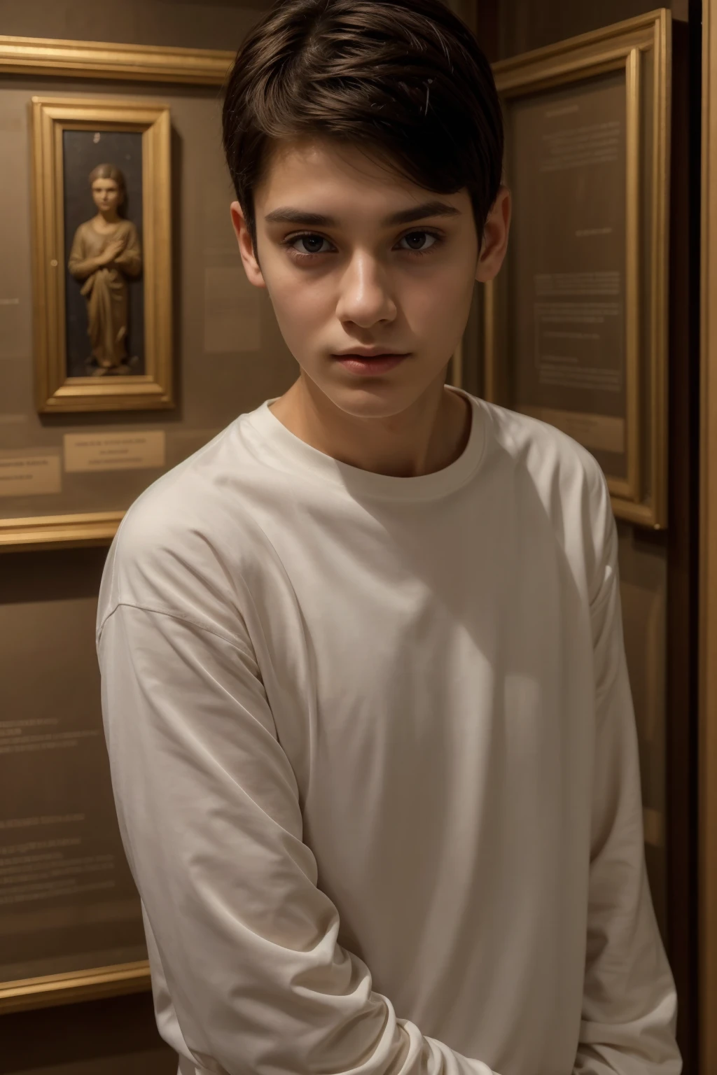 A cute, beautiful twink male with black hair and a face with makeup. He is wearing a white long-sleeved shirt and brown pants. He is in the Museum of Antiquities and Historical Books and is looking in amazement.