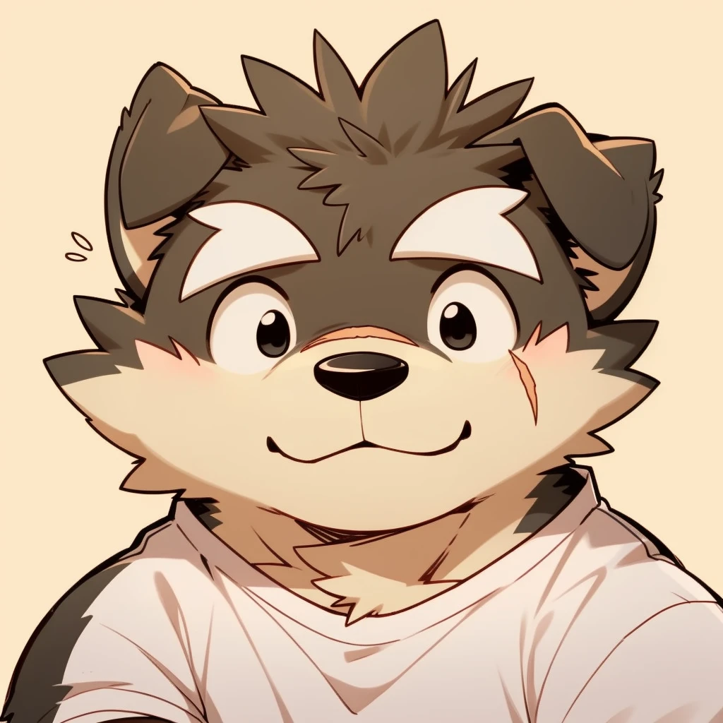 Scribble 黑色柴dog face,Cute face,Humanity(dog),(White short sleeve:1.3),Chubby,(White eyebrows:1.1),(Perfect black eyes),(artist:Takemoto Arashi),Simple background,scar,light pink nipples。
