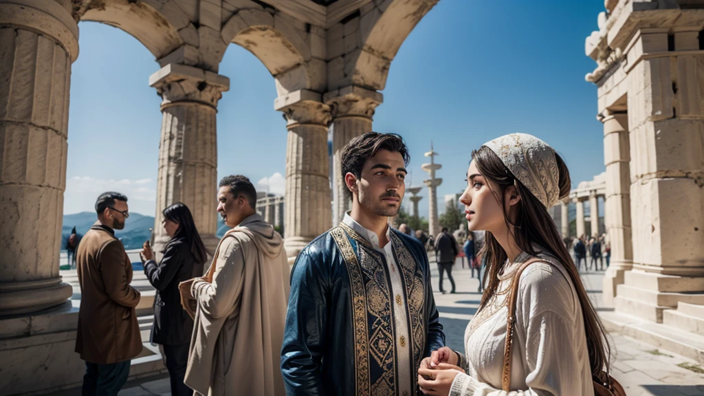 people in Turkish clothes admiring Greek statues