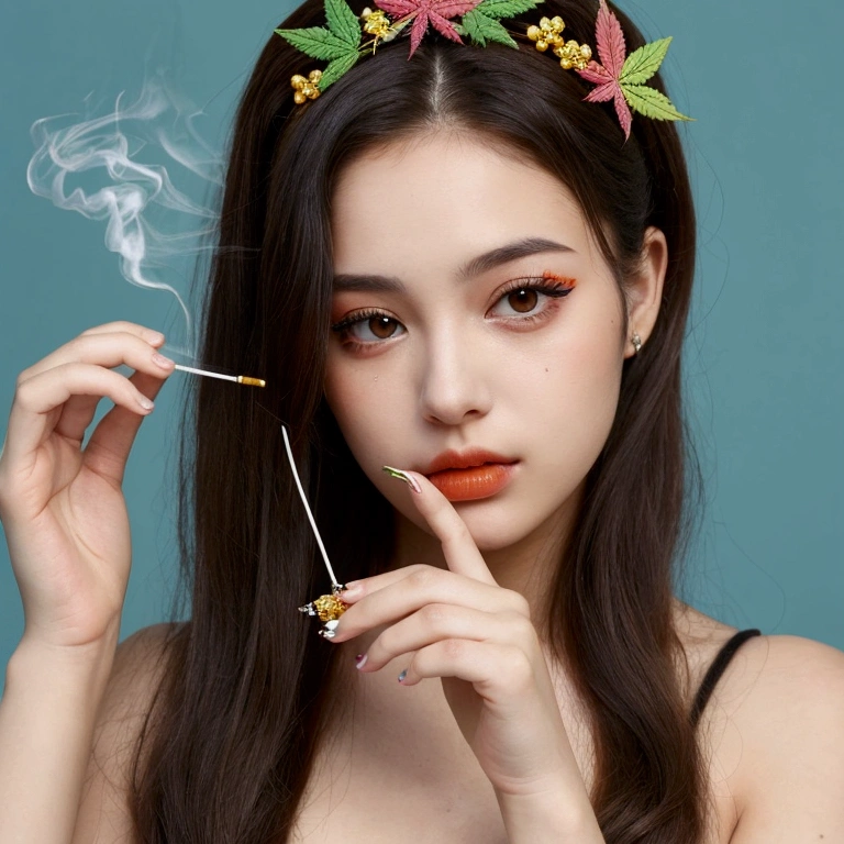 beautiful woman 18 years old smoking a marijuana cigarette, cannabis leaf decorating hair