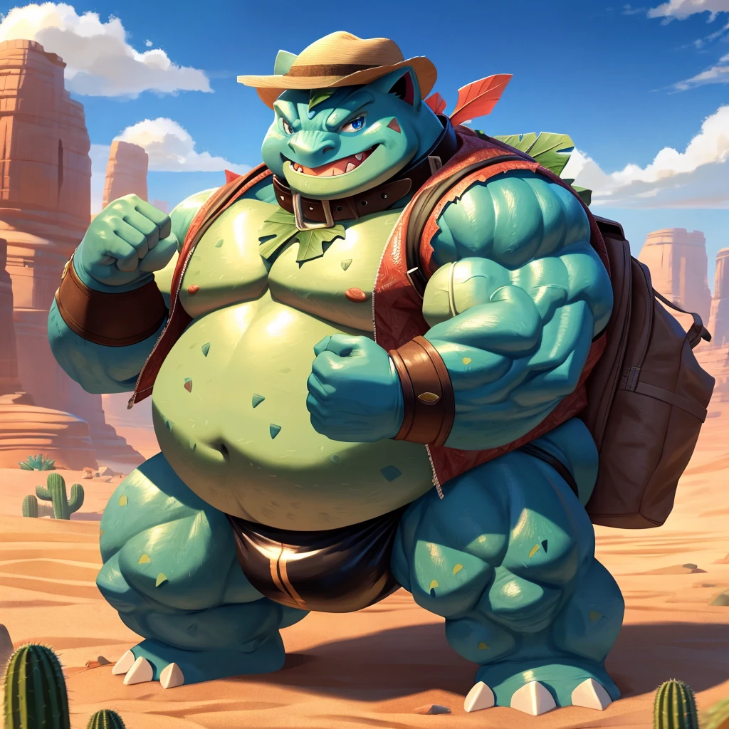 Epic Citizen Zootopia style, My Heroe Academia Character, Dungeons and Dragons style, A poor villager, Real life, Anime serie, Anime character, Obese muscle Obese Sumo wrestler Werebeast Kid, full body pic (obese, strong legs and arms) Sumo wrestler Werebeast Kid. Obese muscle fat kid (bulky, wide, broad shoulders), Citizen obese Werebeast kid, Male, fat, extremely obese, Venusaur, blue eyes, (posing:1.3), (soft shading), 4k, hi res, ((detailed face, detailed)), looking at viewer, evil grin, desert, cactus, shirt, hat, male focus, Explorer Outfit, glasses, pants, bag, vest, backpack, sleeves rolled up, round eyewear, brown headwear, brown vest, Venusaur is wearing a glossy leather dog collar around the neck, Venusaur is wearing the leather collar and shirt and vest at the same time, Venusaur is wearing glossy white rubber gloves on the hands, gloves are rubber in texture, clenching teeth, clenching fists, leather collar is glossy and shiny with a lot of detail.