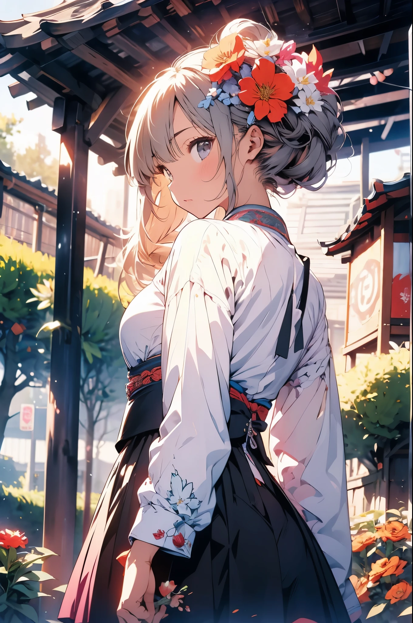 best qualityer, Cao Cao_resolution, distinct_imageio, detailed back ground ,Kizi, Hanbok,flowers,Garden,moonligh, natta,dutch angle, wide plan, tails, 